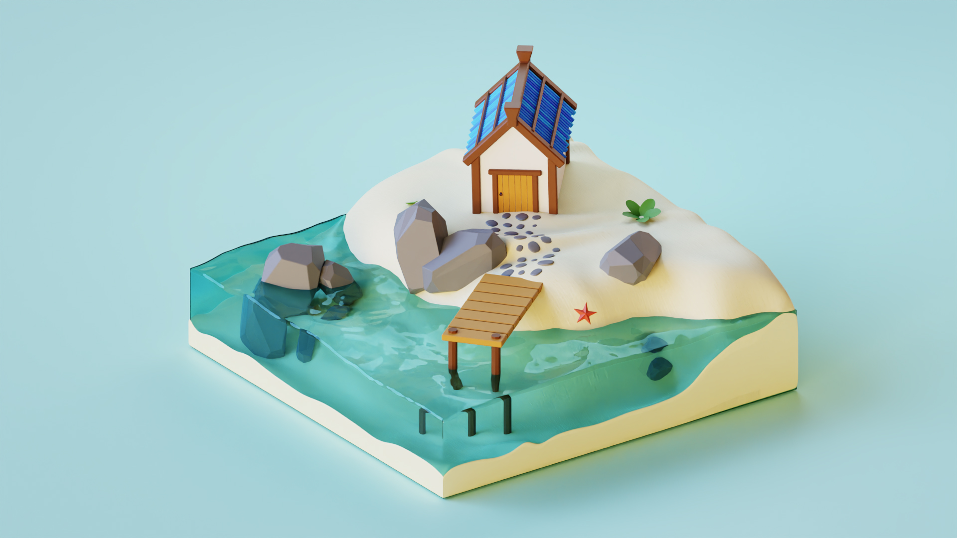 3D Иллюстрация Blender домик у озера